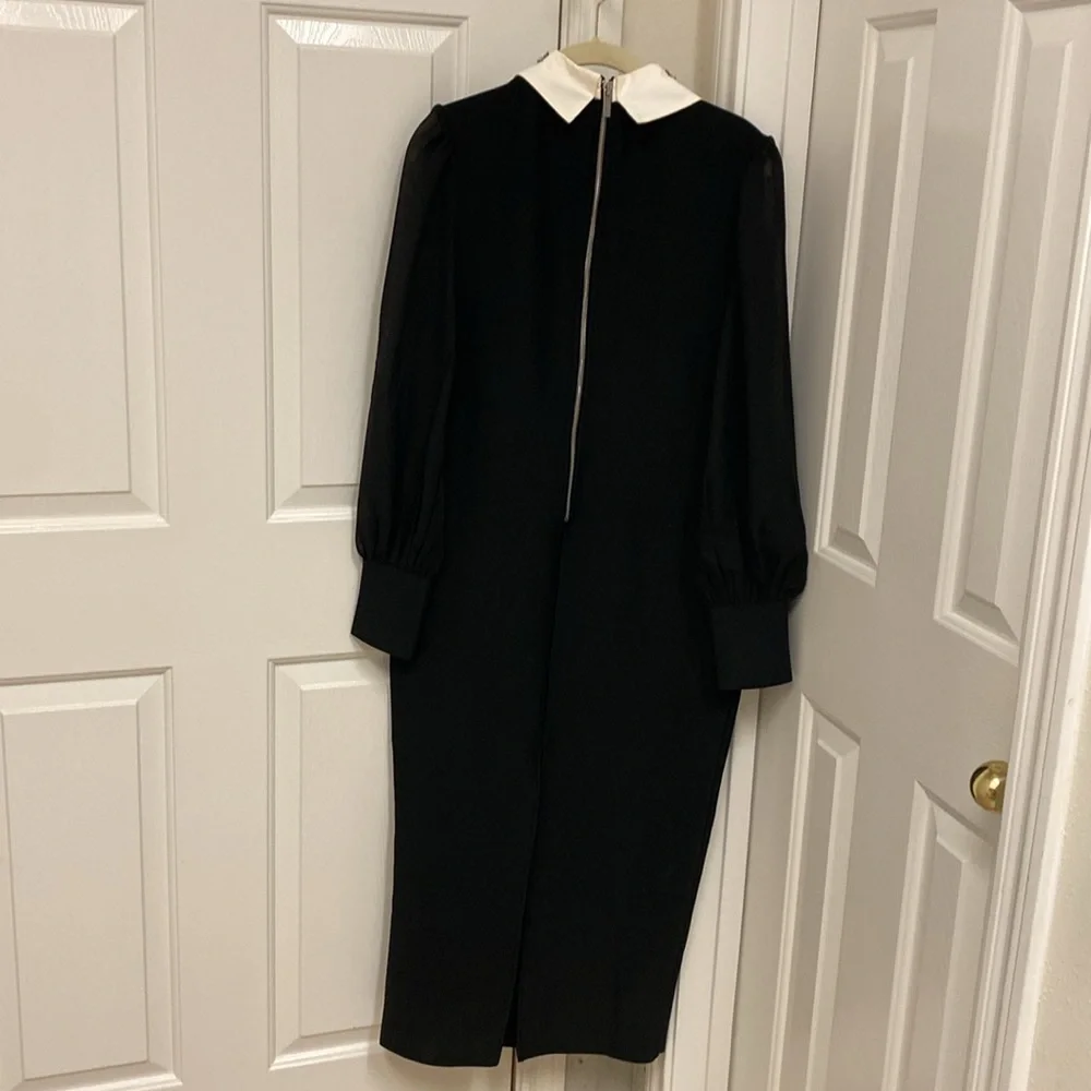 Karen Millen Black Sheath Dress with Notched Collar and Bishop Sleeves - Picture 7 of 15